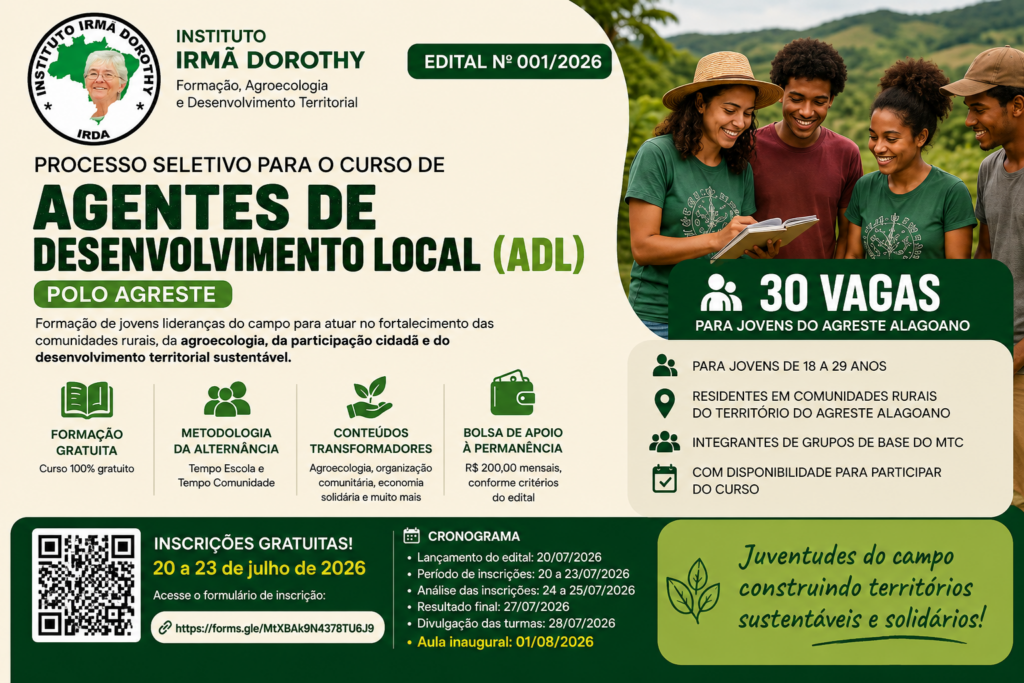 Instituto Irmã Dorothy lança edital para seleção de jovens do Curso de Agentes de Desenvolvimento Local (ADL) – Polo Agreste